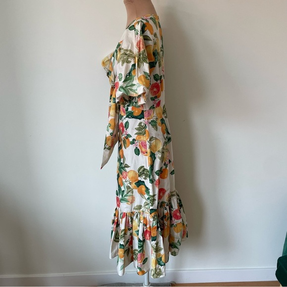 CARA CARA Georgica Puff-Sleeve Tie Front Grapefruit Citrus Print Dress EUX Sz 2 - Picture 3 of 8